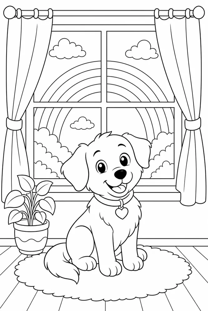 Cute Dog Rainbow Window printable dog coloring page for kids