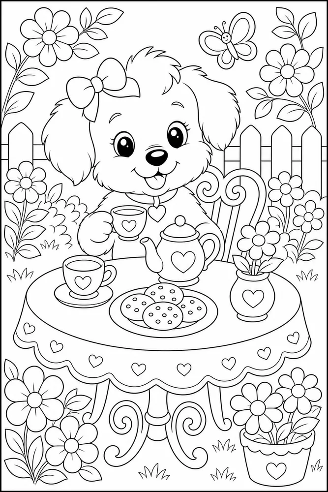 Cute Dog Tea Party printable dog coloring page for kids