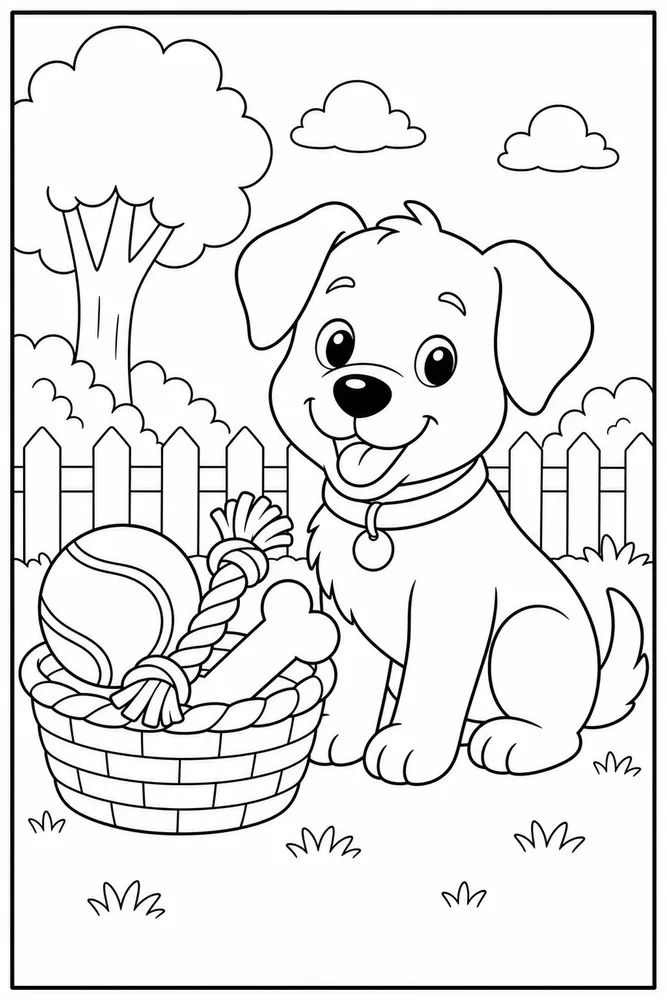 Cute Dog Toy Basket printable dog coloring page for kids