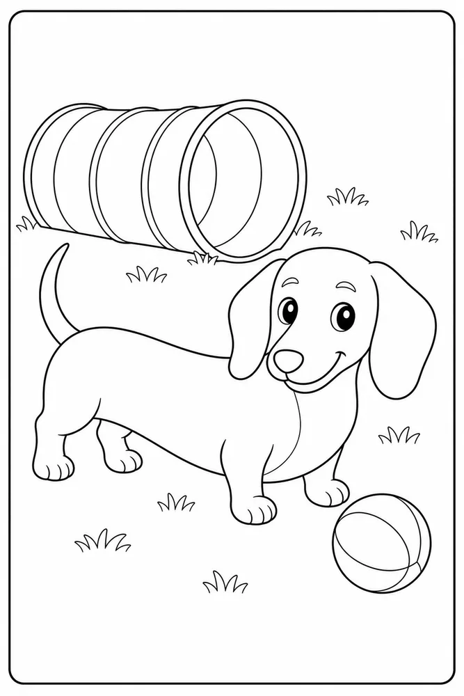 Dachshund Ball Tunnel printable dog coloring page for kids