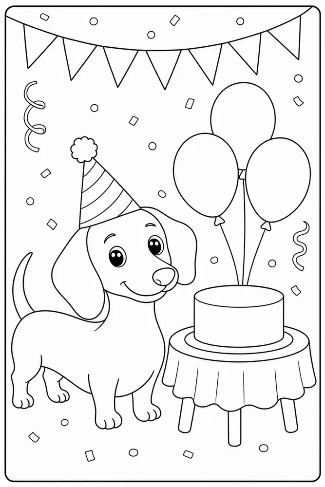 Dachshund Birthday Table printable dog coloring page for kids