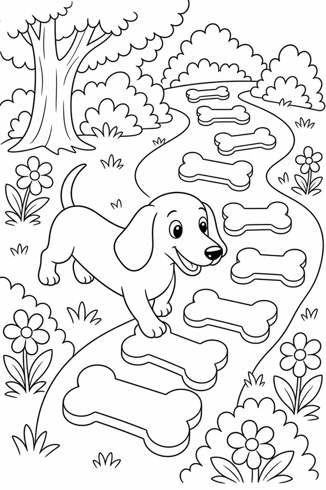 Dachshund Bone Path printable dog coloring page for kids