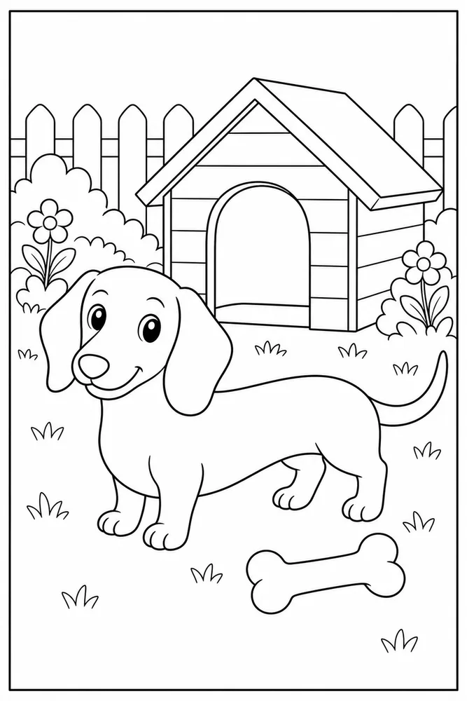 Dachshund Doghouse printable dog coloring page for kids