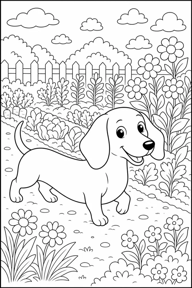 Dachshund Garden Row printable dog coloring page for kids