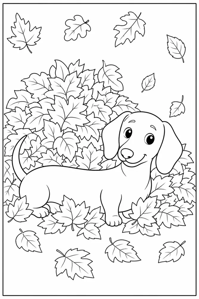 Dachshund Leaf Pile printable dog coloring page for kids