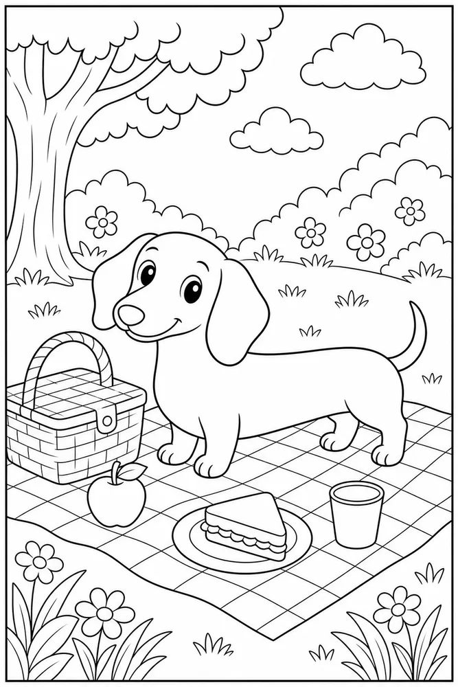 Dachshund Picnic Blanket printable dog coloring page for kids