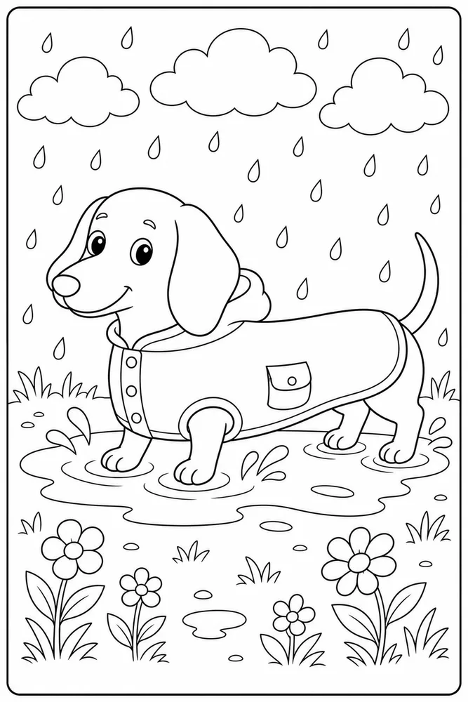 Dachshund Raincoat printable dog coloring page for kids