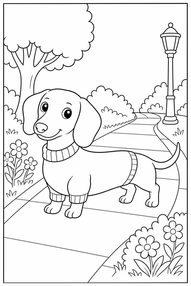 Dachshund Sweater Walk printable dog coloring page for kids