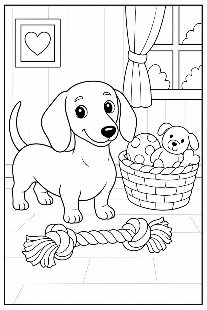 Dachshund Toy Basket printable dog coloring page for kids