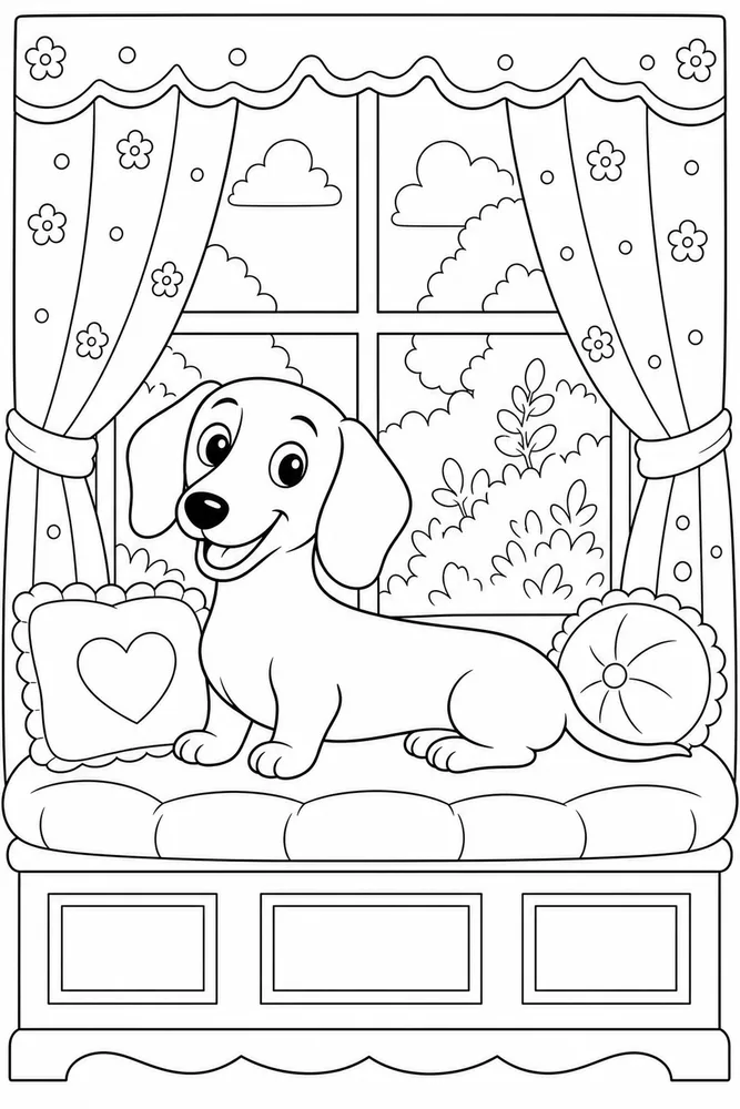 Dachshund Window Seat printable dog coloring page for kids