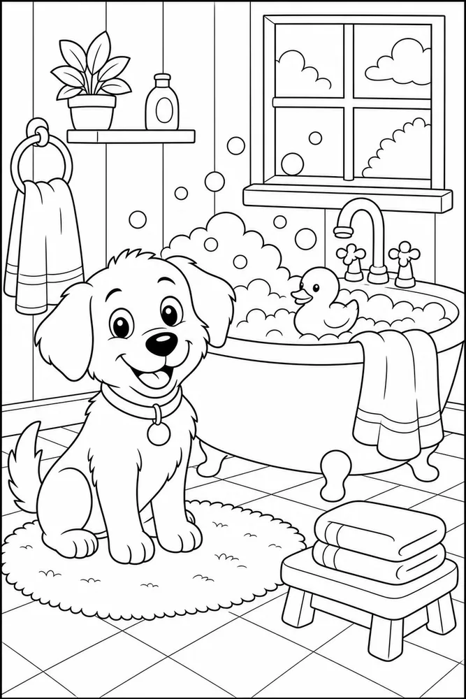 Dog Bath Bubbles printable dog coloring page for kids