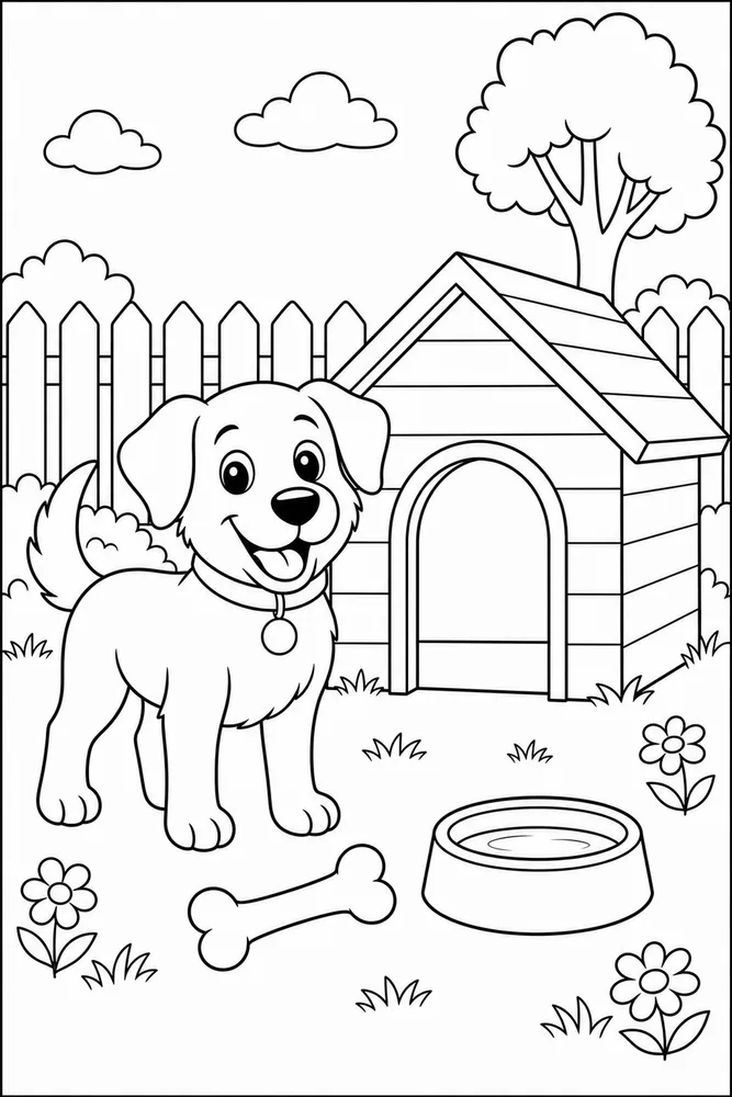 Dog Beside Doghouse printable dog coloring page for kids