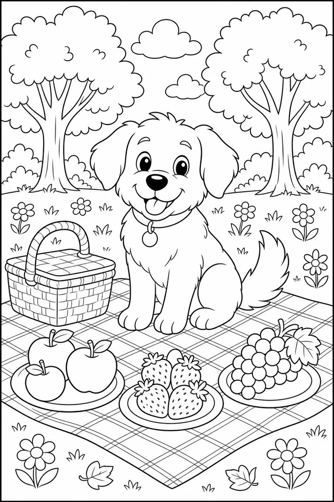 Dog Family Picnic printable dog coloring page for kids