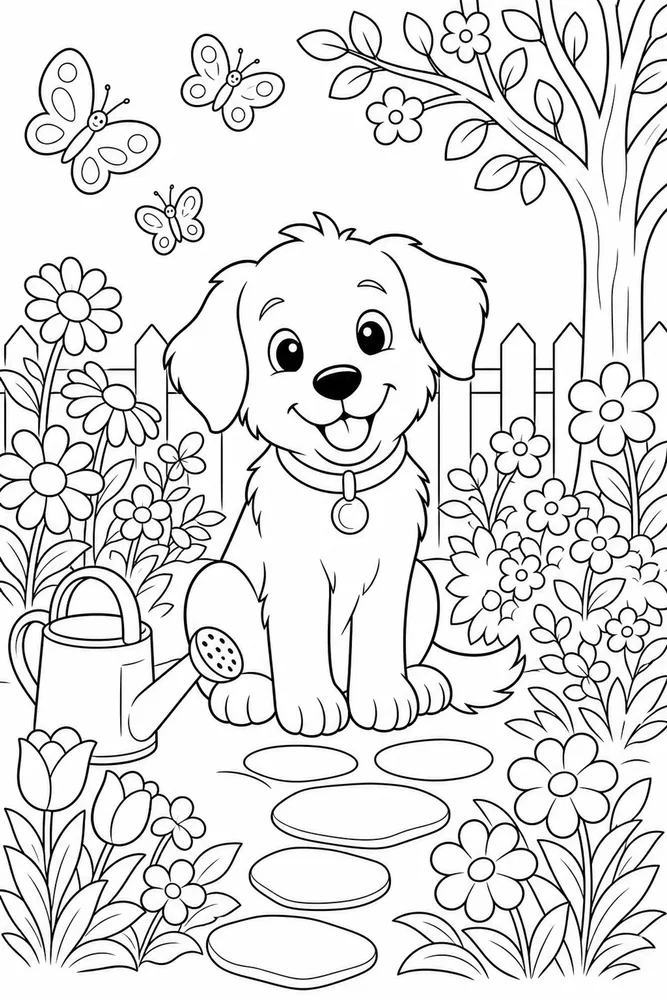 Dog Garden Flowers printable dog coloring page for kids