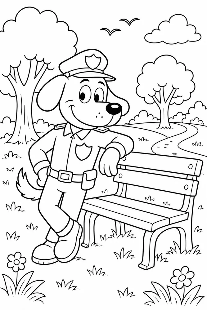 Dog Man At Park Bench printable coloring page for kids