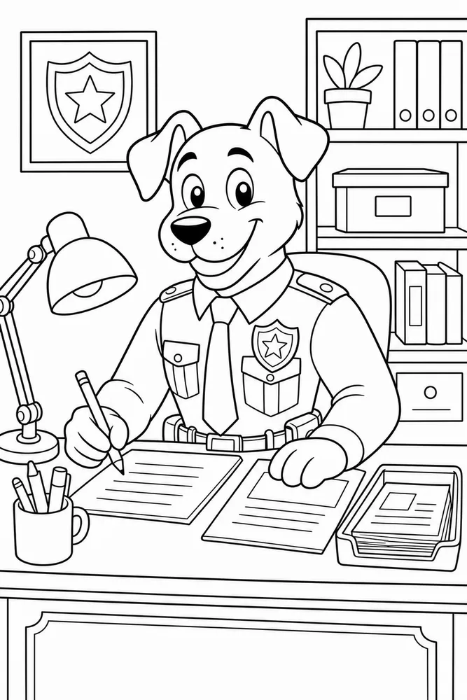 Dog Man At Station Desk printable coloring page for kids