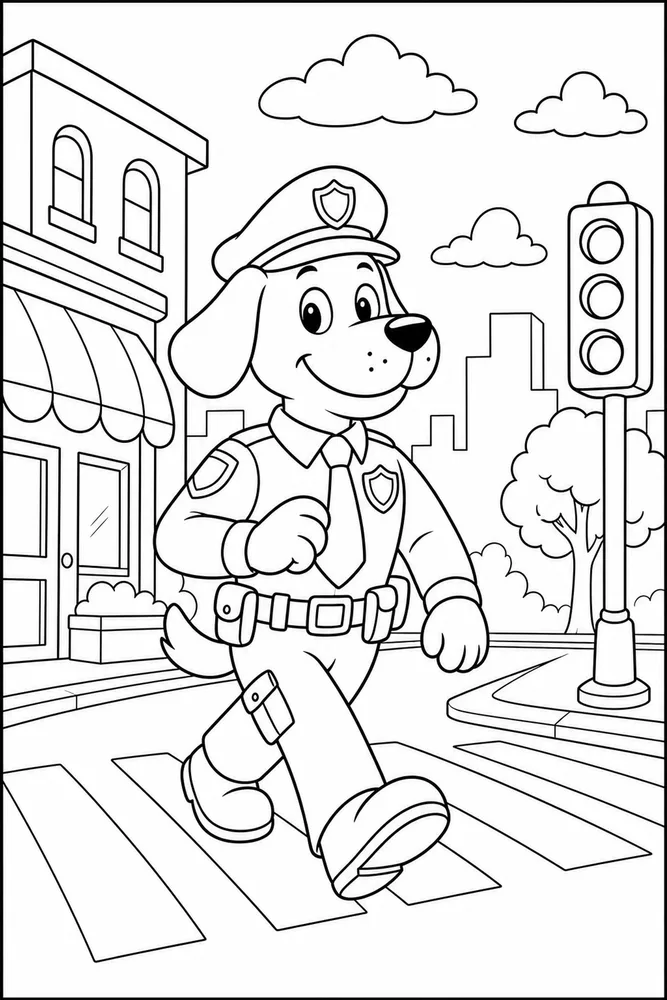 Dog Man Beside City Street printable coloring page for kids