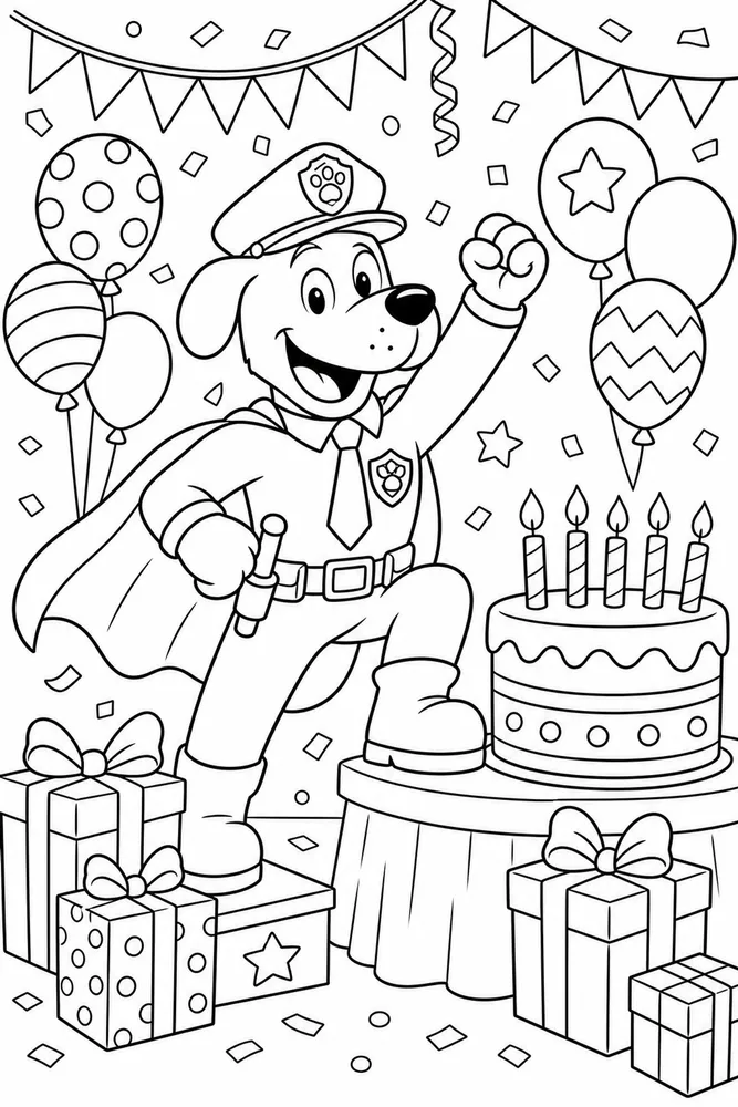 Dog Man Birthday Scene printable coloring page for kids