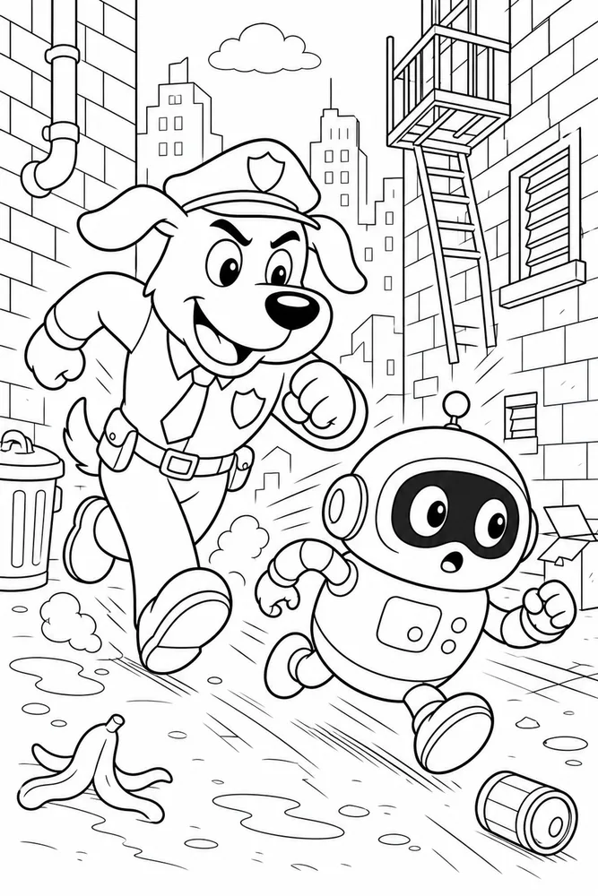 Dog Man Chasing Small Robot printable coloring page for kids