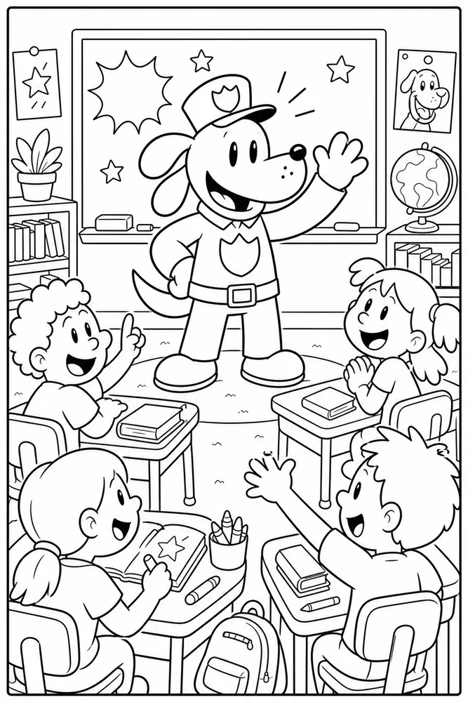 Dog Man Classroom Visit printable coloring page for kids