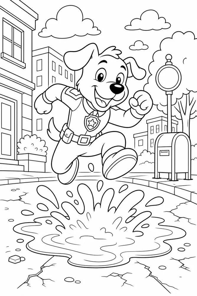 Dog Man Jumping Over Puddle printable coloring page for kids