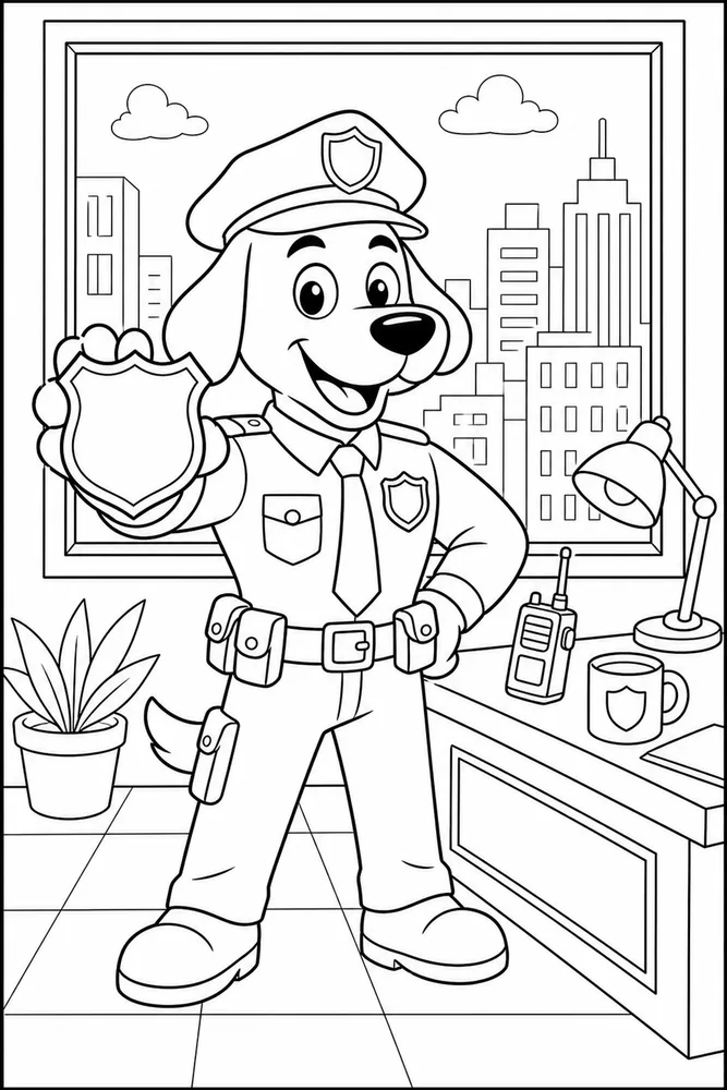 Dog Man Police Badge Scene printable coloring page for kids