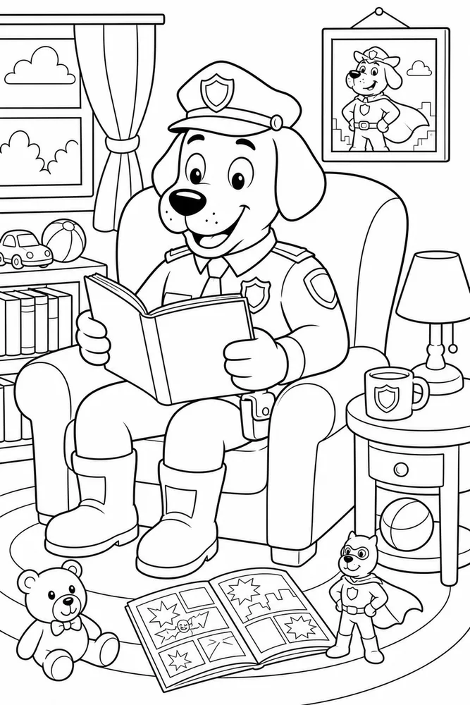 Dog Man Reading Comic Book printable coloring page for kids