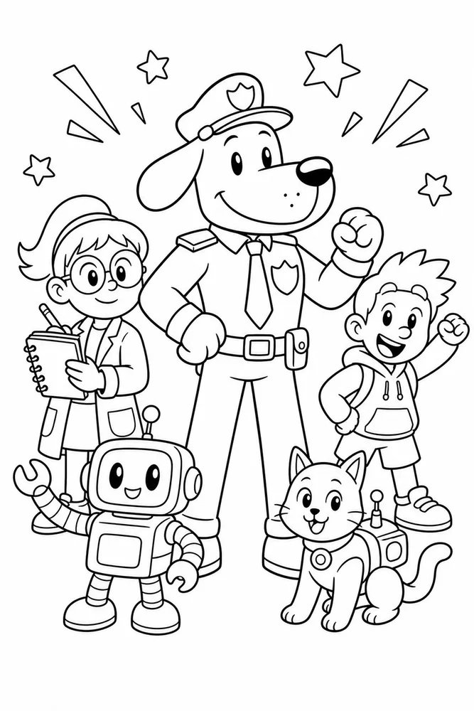 Dog Man Team Scene printable coloring page for kids