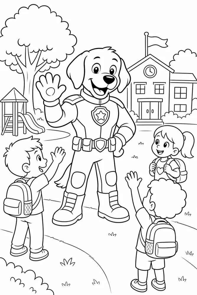 Dog Man Waving To Kids printable coloring page for kids