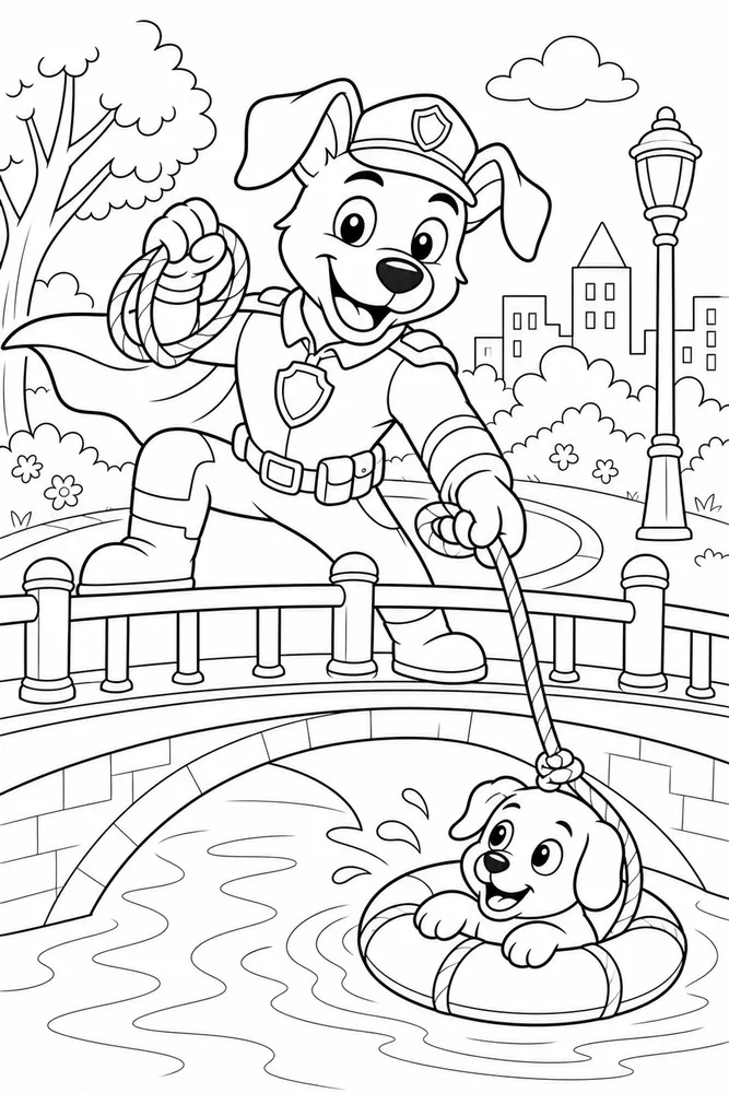 Dog Man With Rescue Rope printable coloring page for kids