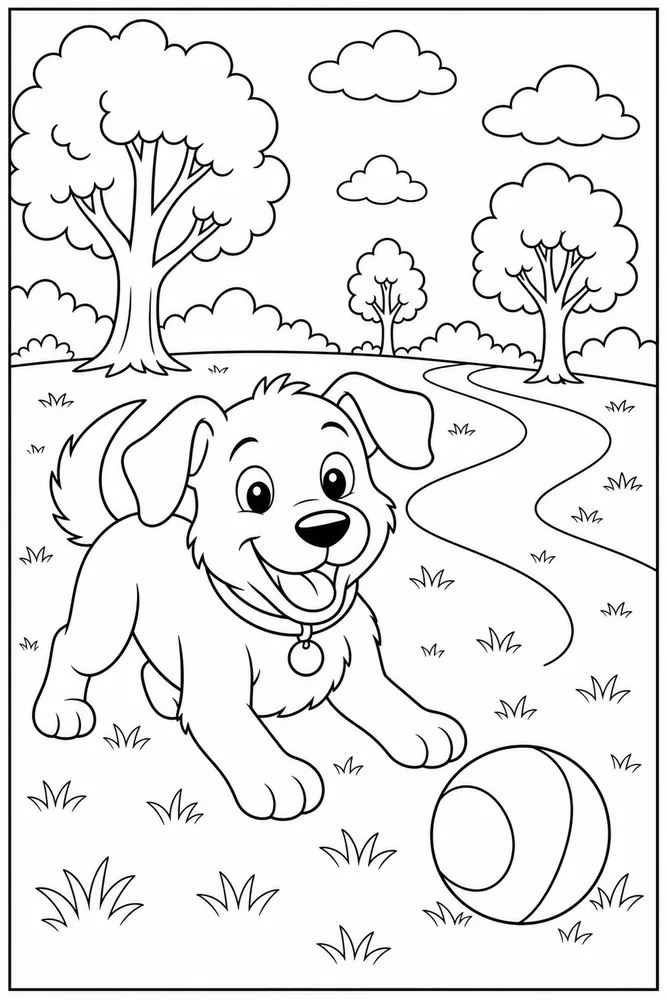 Dog Playing Fetch Park printable dog coloring page for kids