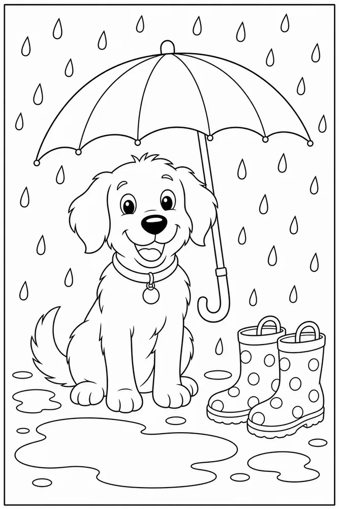 Dog Rainy Umbrella printable dog coloring page for kids