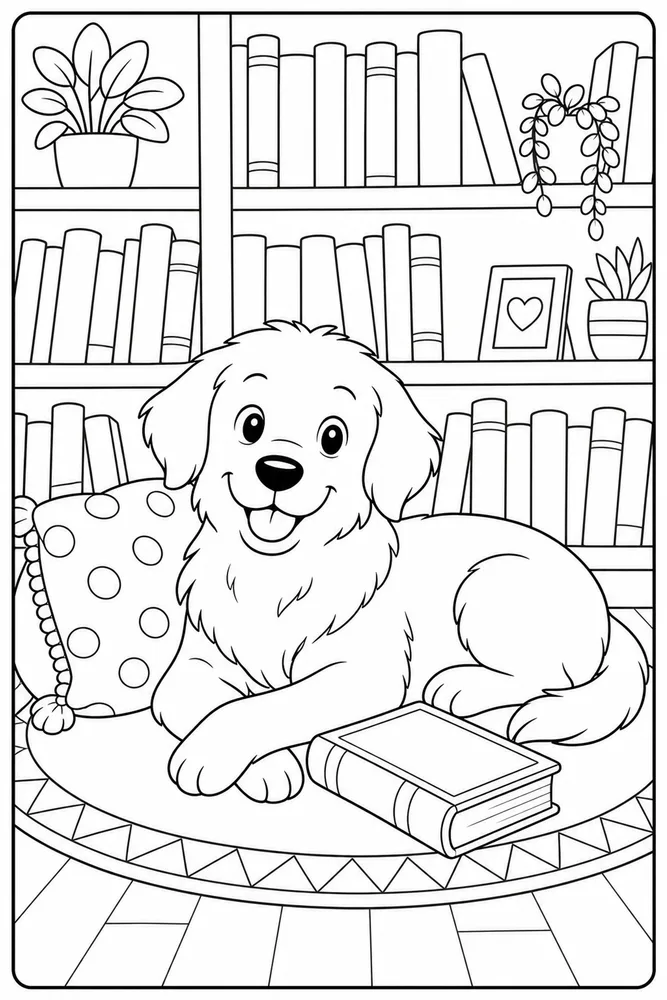 Dog Reading Cushion printable dog coloring page for kids