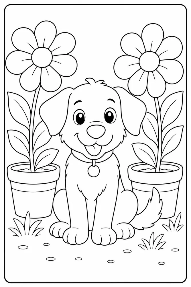 Easy Dog Flower Pot printable dog coloring page for kids