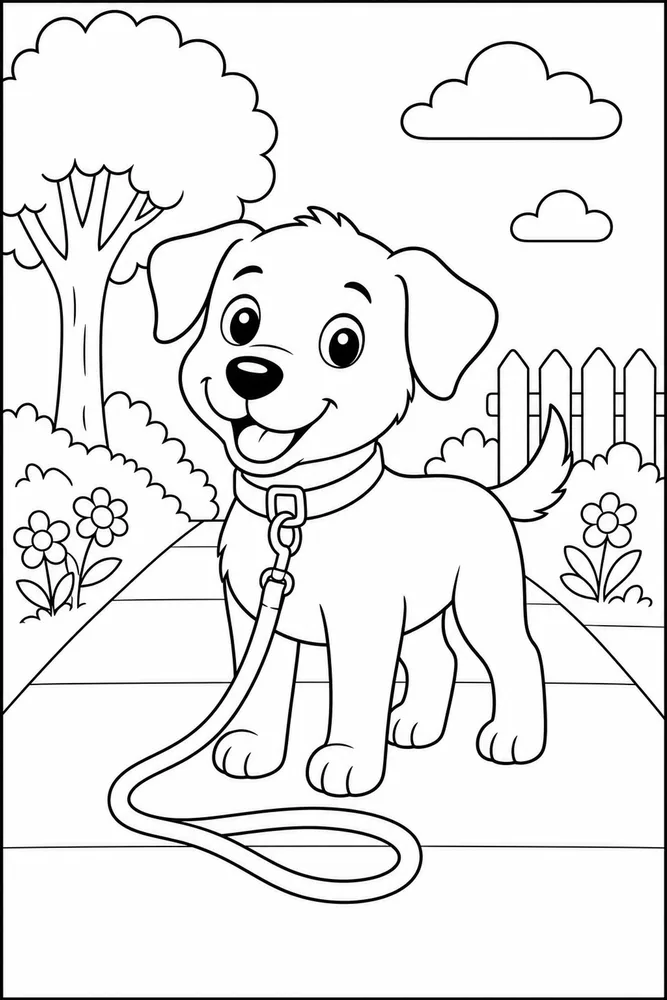 Easy Dog Leash Walk printable dog coloring page for kids