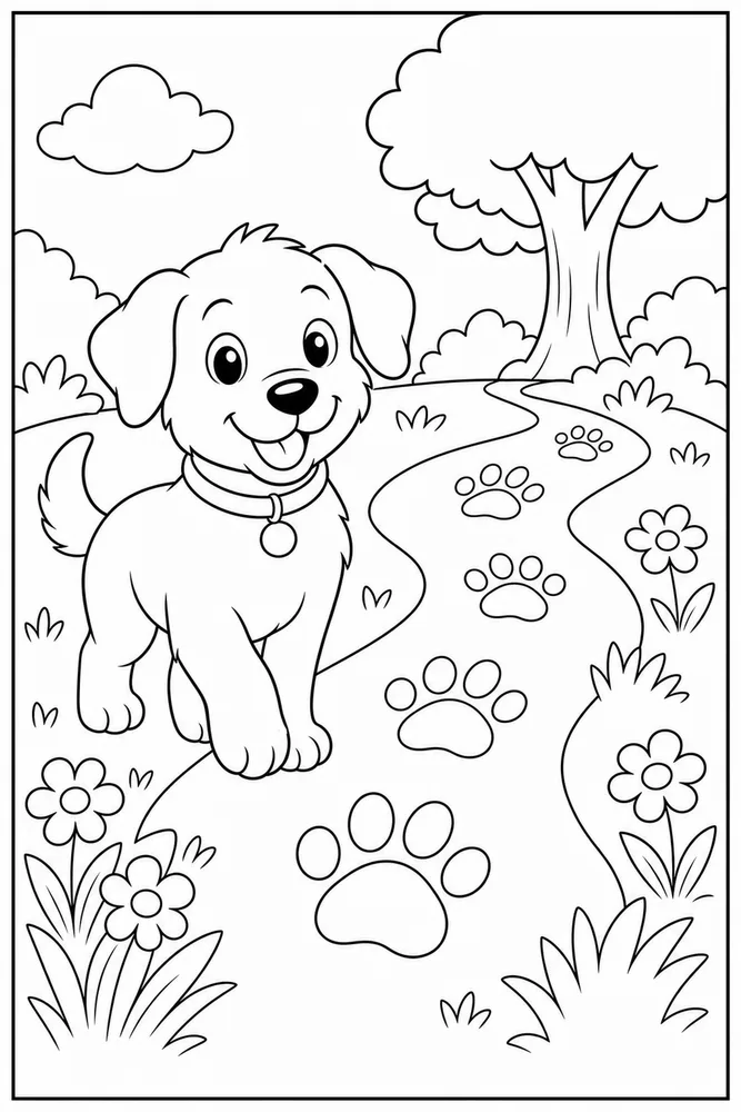 Easy Dog Pawprints printable dog coloring page for kids