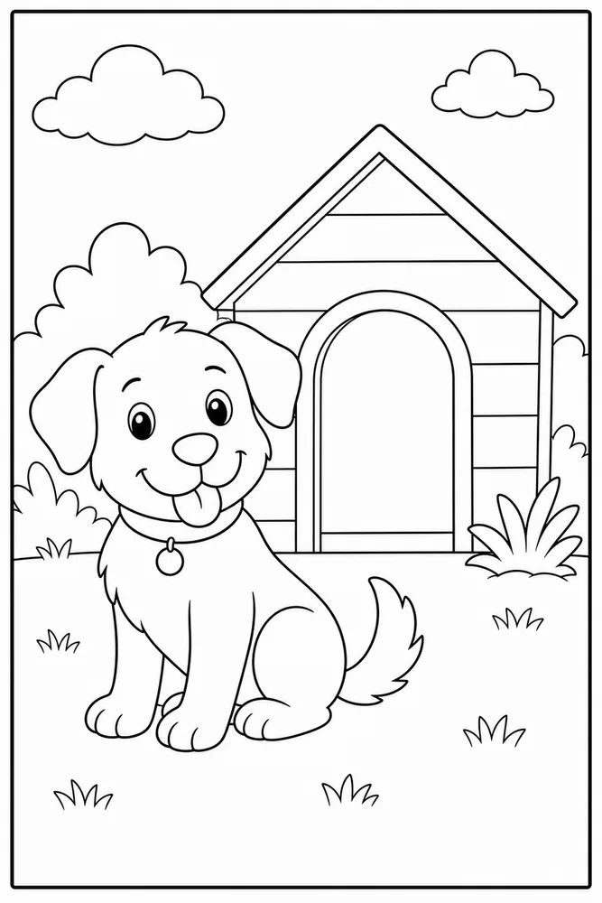 Easy Dog Simple Doghouse printable dog coloring page for kids