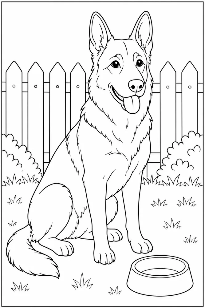 German Shepherd Backyard Fence printable dog coloring page for kids