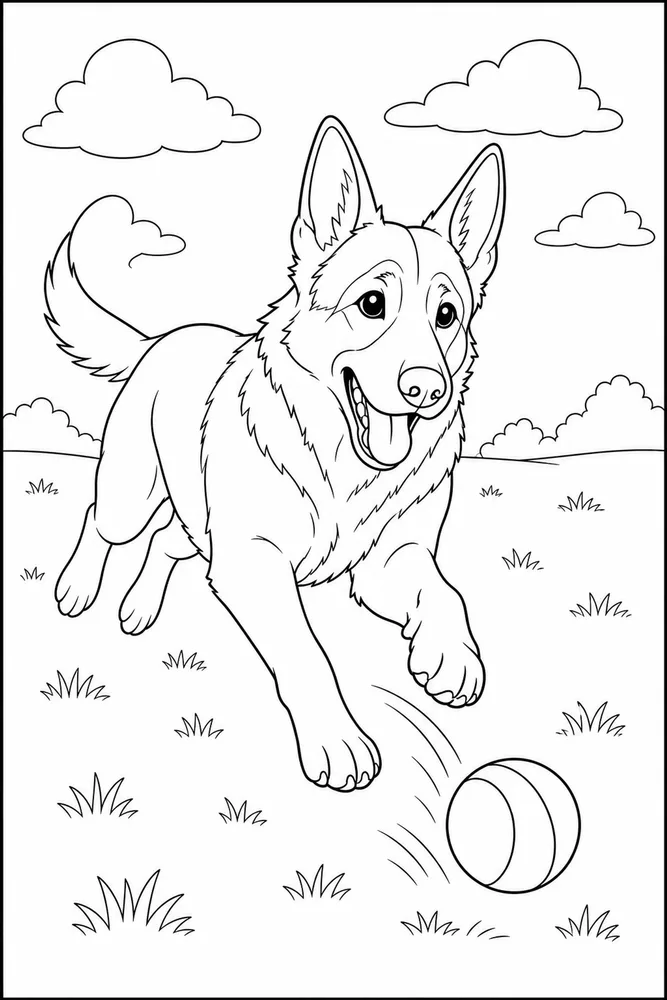 German Shepherd Ball Field printable dog coloring page for kids