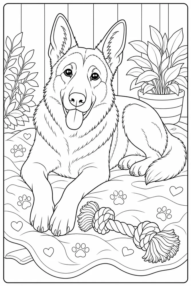 German Shepherd Blanket Rest printable dog coloring page for kids