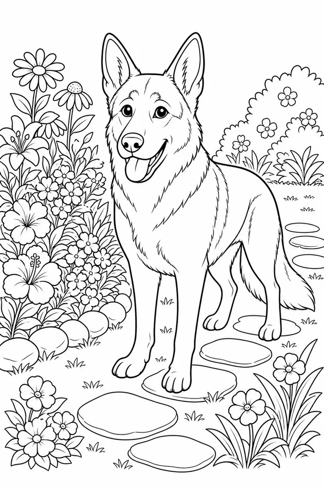 German Shepherd Flower Bed printable dog coloring page for kids