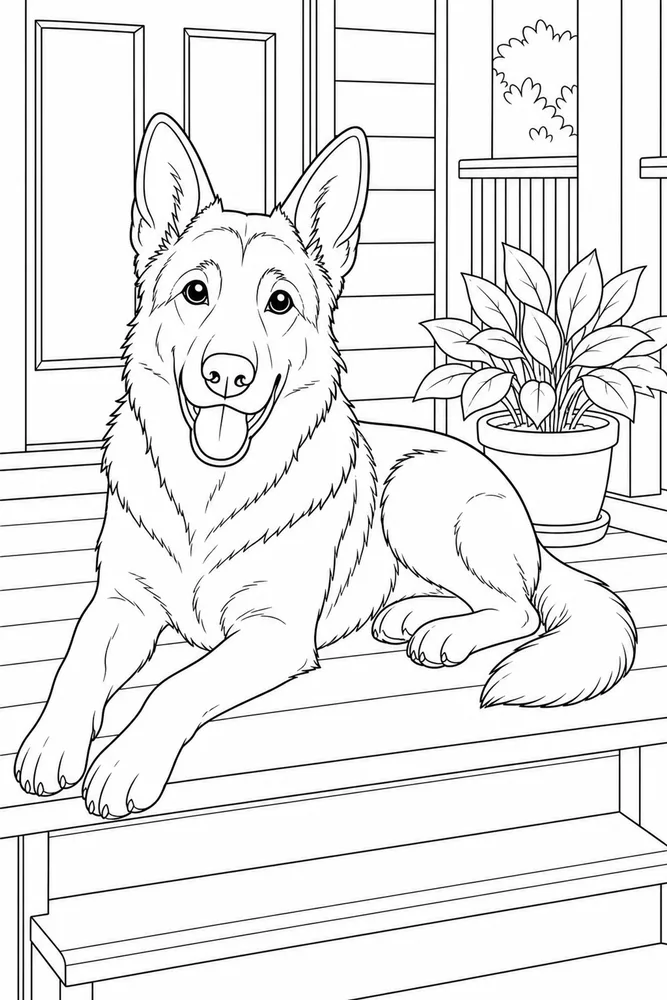 German Shepherd Front Porch printable dog coloring page for kids