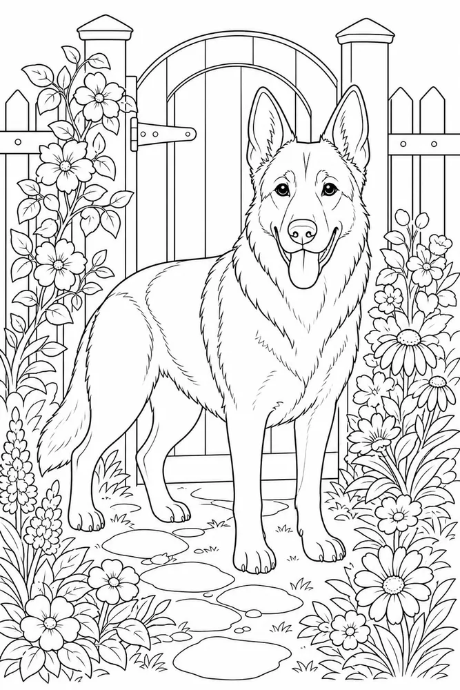 German Shepherd Garden Gate printable dog coloring page for kids