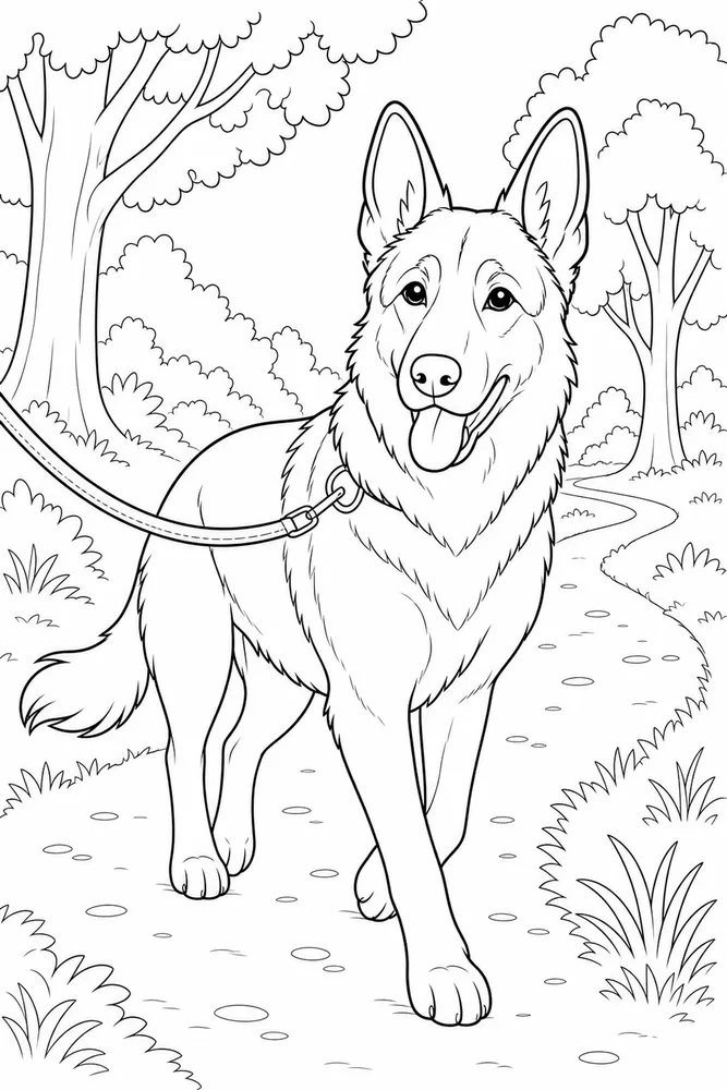 German Shepherd Leash Walk printable dog coloring page for kids
