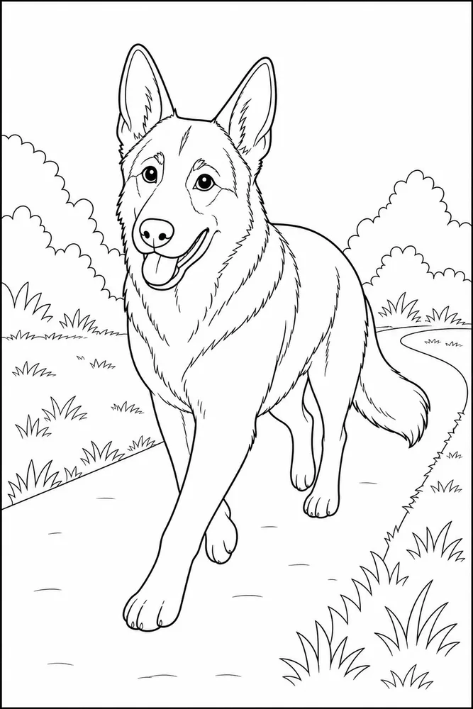 German Shepherd Park Path printable dog coloring page for kids