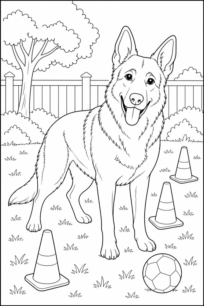 German Shepherd Training Cone printable dog coloring page for kids