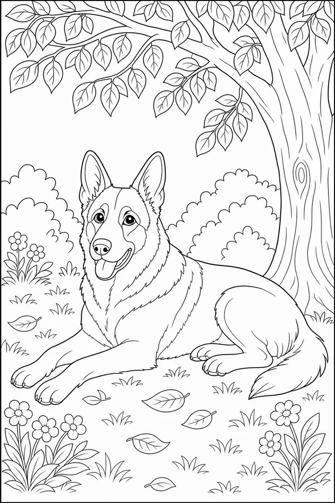 German Shepherd Tree Shade printable dog coloring page for kids