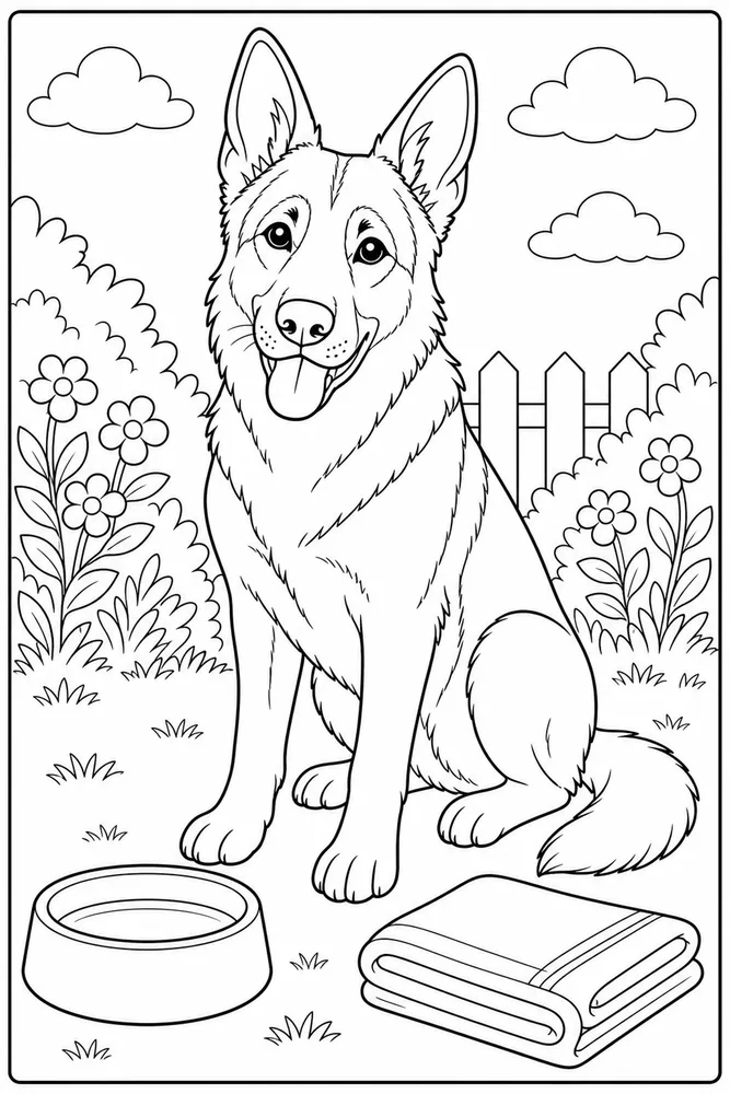German Shepherd Water Bowl printable dog coloring page for kids