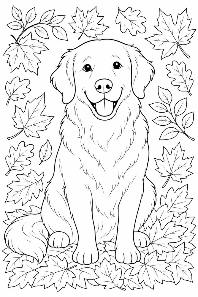 Golden Retriever Dog Autumn Leaves coloring page