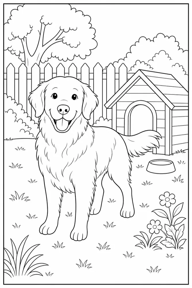 Golden Retriever Doghouse Yard coloring page